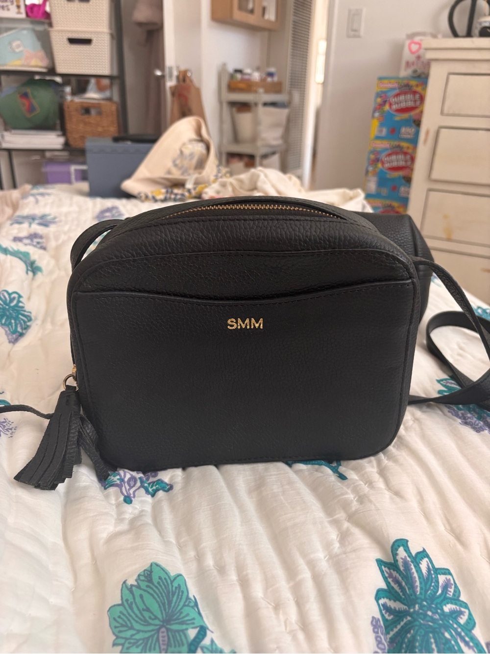 Cuyana Black Pebbled Leather Crossbody with Tassel and Gold Monogram
